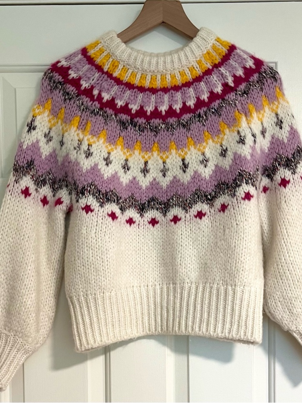 Sézane Constantin Jumper - Cream Fair Isle Yoke Scandinavian Sweater (Size XS)